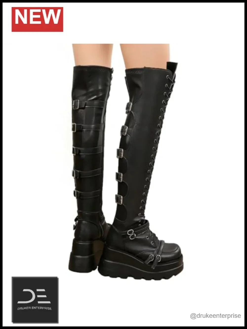 Over the Knee Boots for Women Goth Punk Thigh High Motorcycle Boots with
